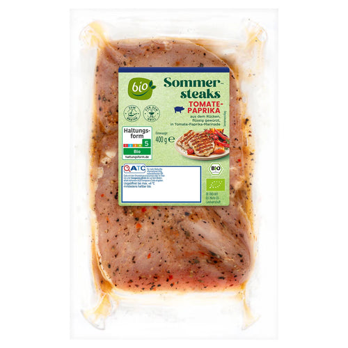 Bio-Schweine Sommersteak mariniert 400 g, Tomate-Paprika