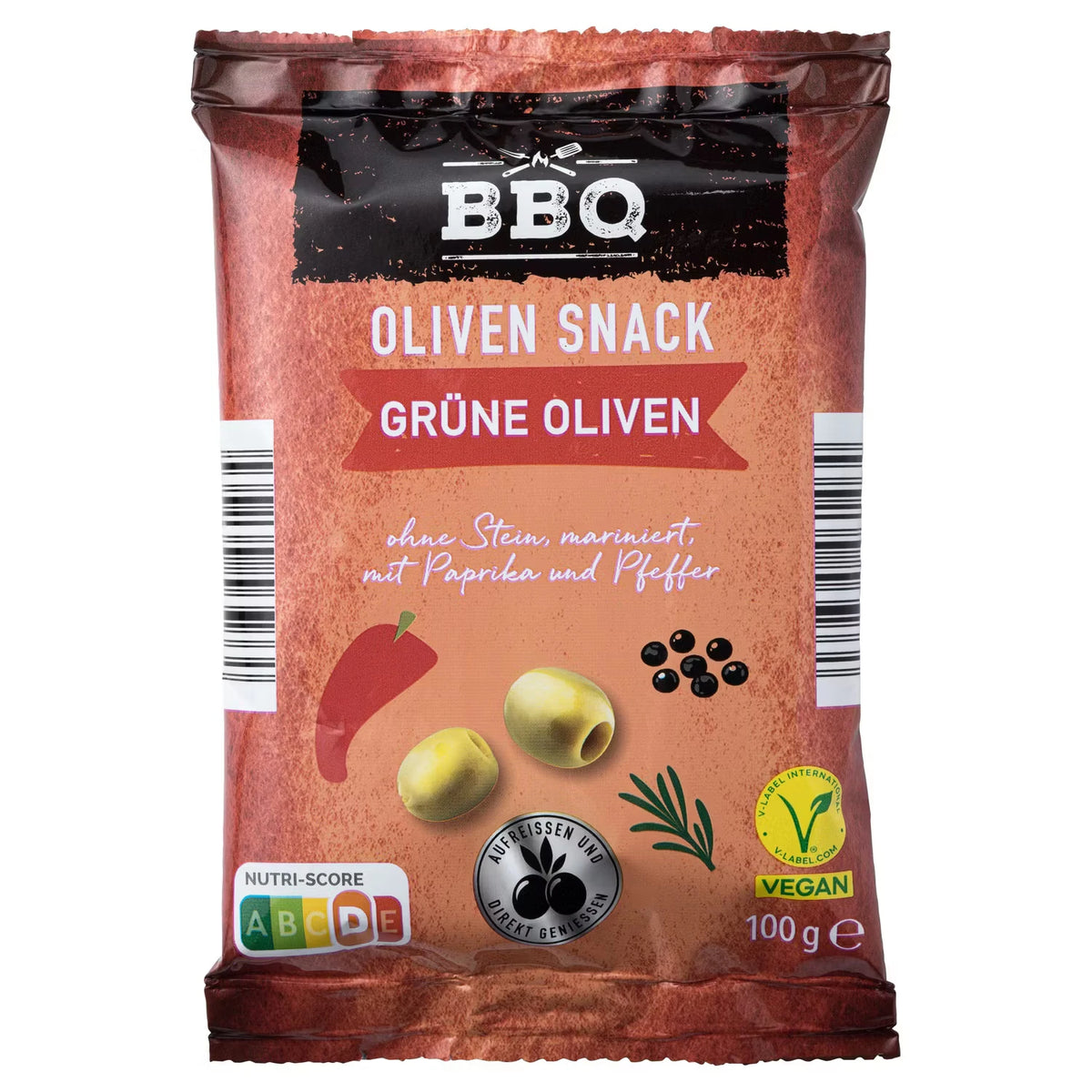 Olivensnack 100 g, Grüne Oliven Paprika & Pfeffer