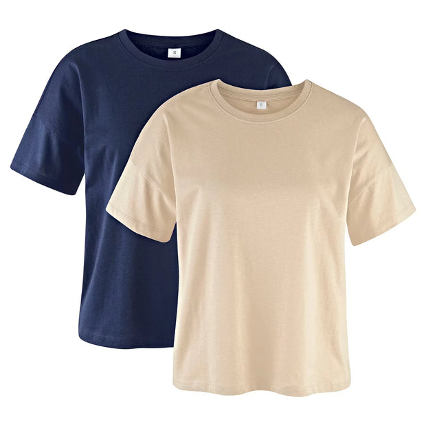 Damen Kurzarm-T-Shirt 2er-Pack, Beige/Marine, XS 32/34