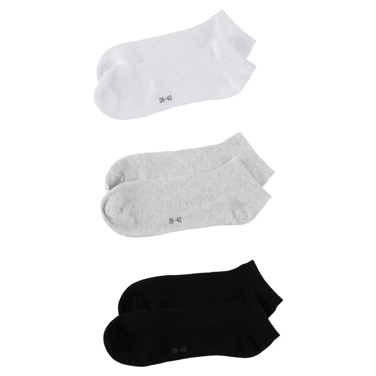 Damen oder Herren Sneaker Socken, Weiß/Grau/Schwarz, 39/42
