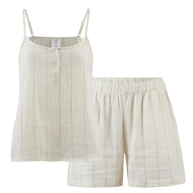Damen Musselin Pyjama, Weiß Gestreift, S 36/38